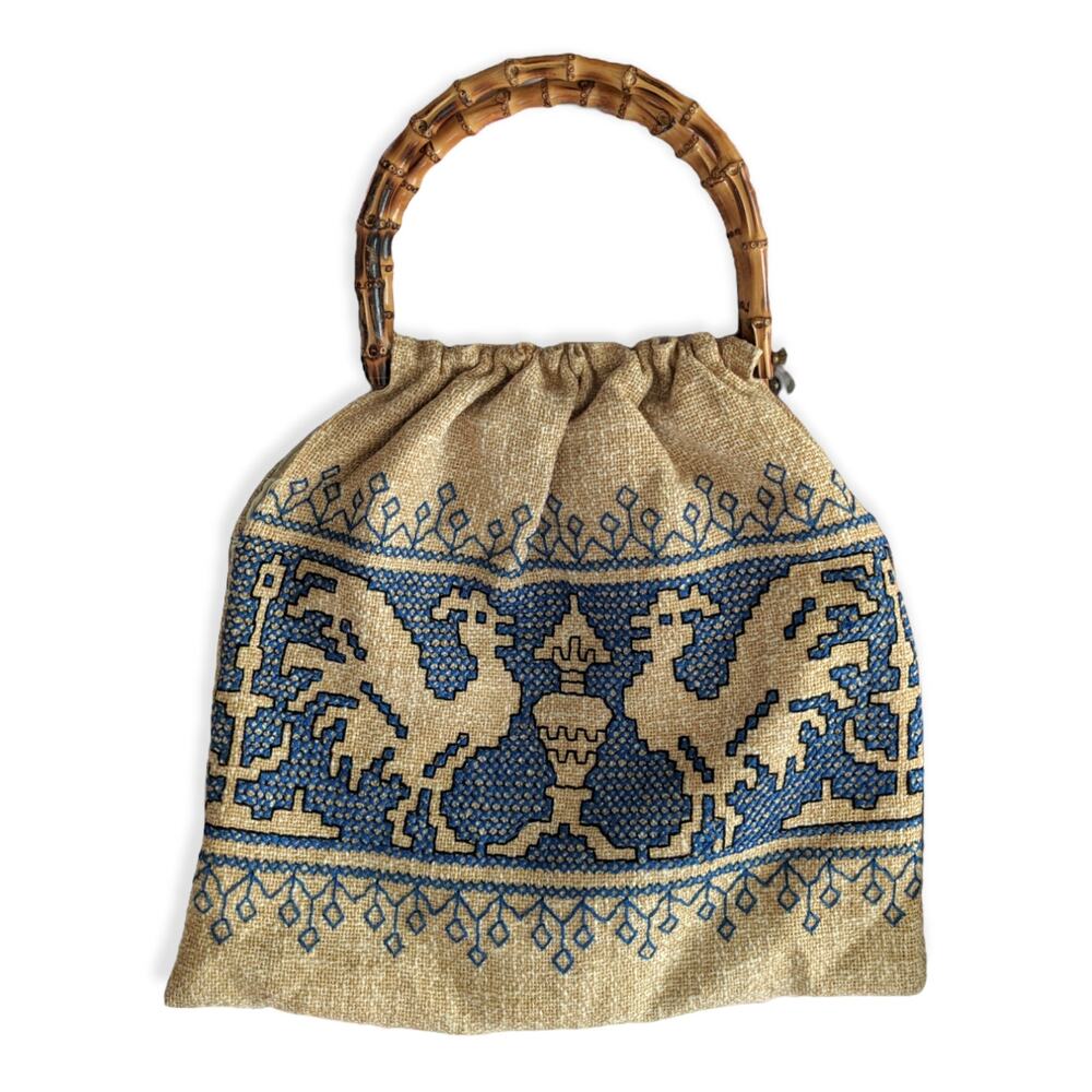 1960s Embroidered Village Roosters Bamboo Handle Regency Purse